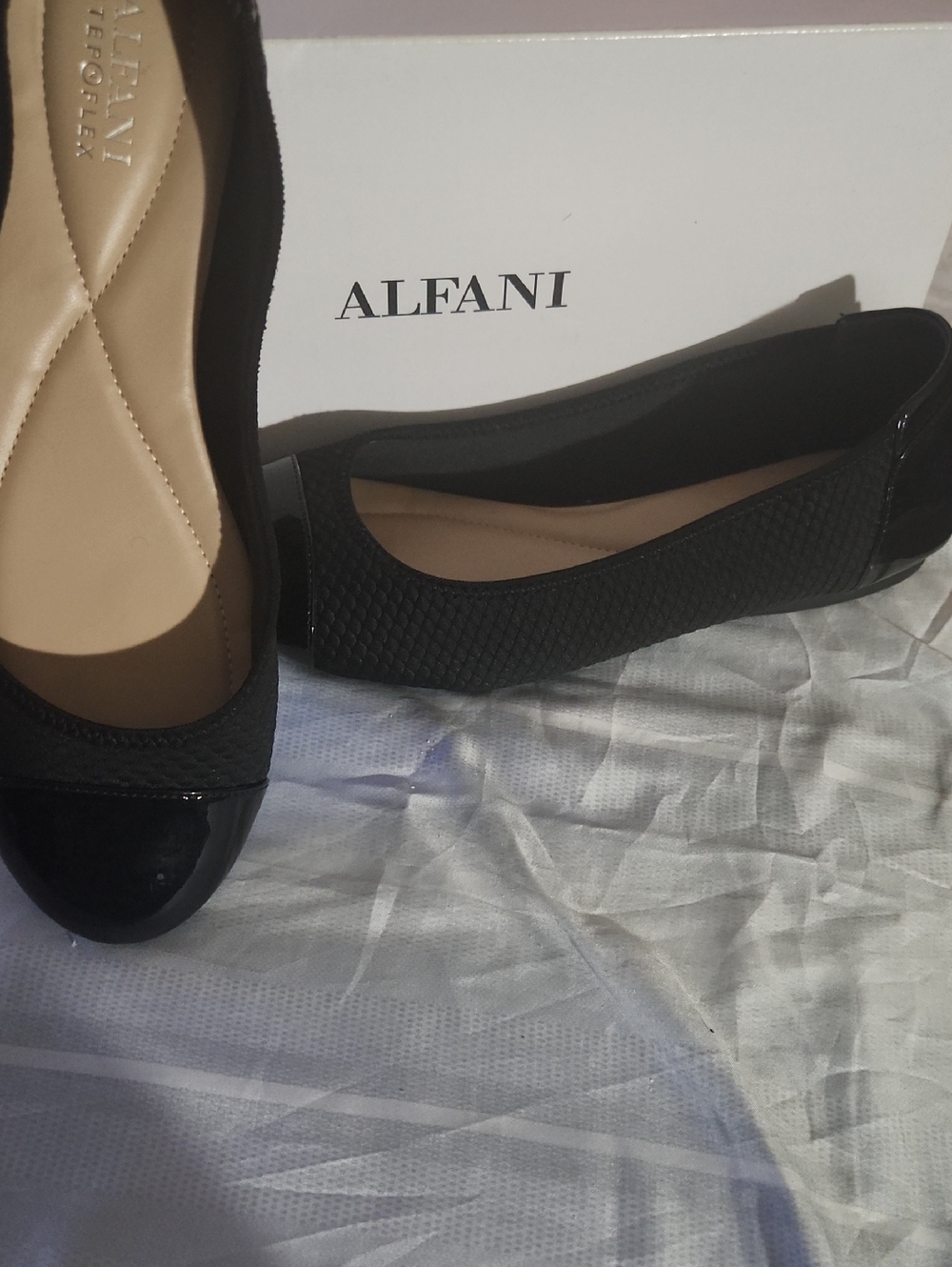 Alfani Black Textured Cap-Toe Ballet Flats